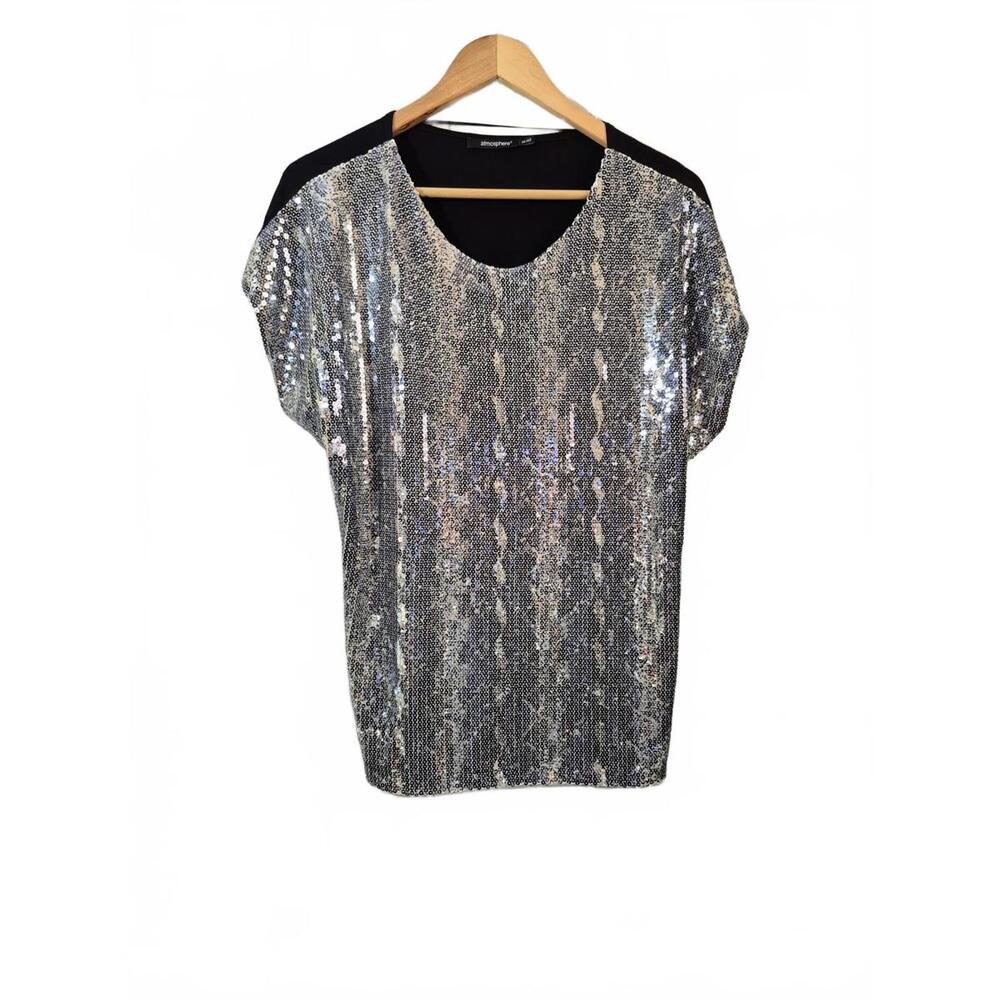 Primark Atmosphere Ladies Silver Sequin Black Color Block Blouse Short Sleeve